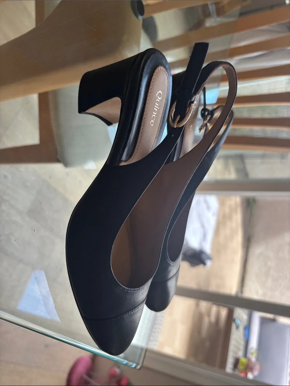 Quince Black Cap Toe Leather Slingback Pump